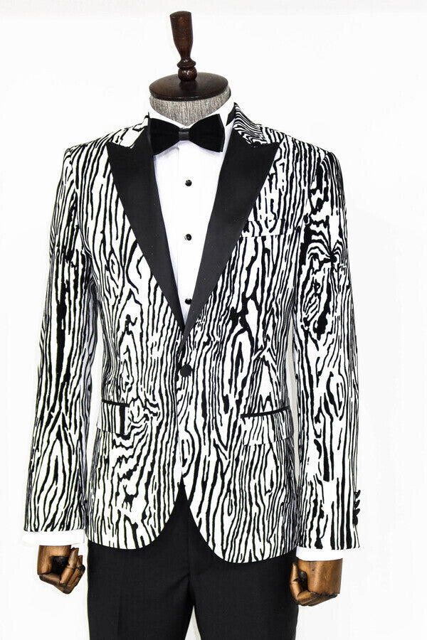 Slim Fit Zebra Patterned White Men Prom Blazer - Wessi