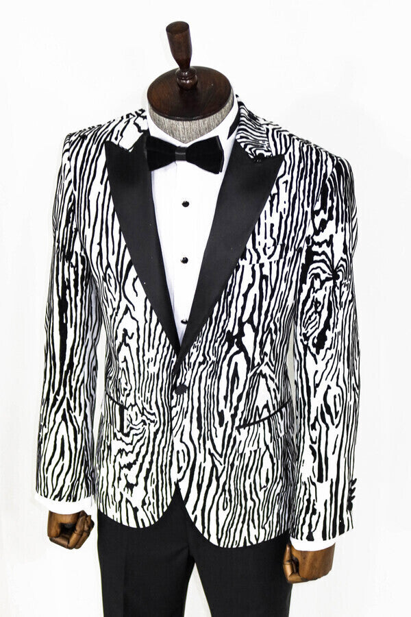 Slim Fit Zebra Patterned White Men Prom Blazer - Wessi