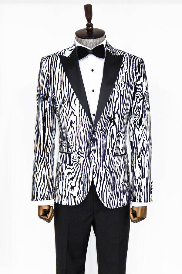 Slim Fit Zebra Patterned White Men Prom Blazer - Wessi