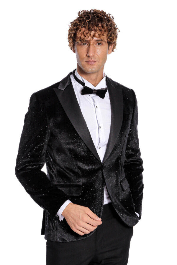 Blazer de fiesta ajustado y brillante de terciopelo negro para hombre - Wessi