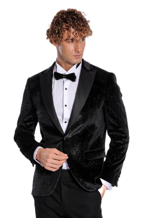 Blazer de fiesta ajustado y brillante de terciopelo negro para hombre - Wessi