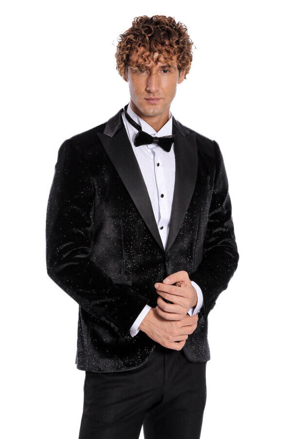 Blazer de fiesta ajustado y brillante de terciopelo negro para hombre - Wessi