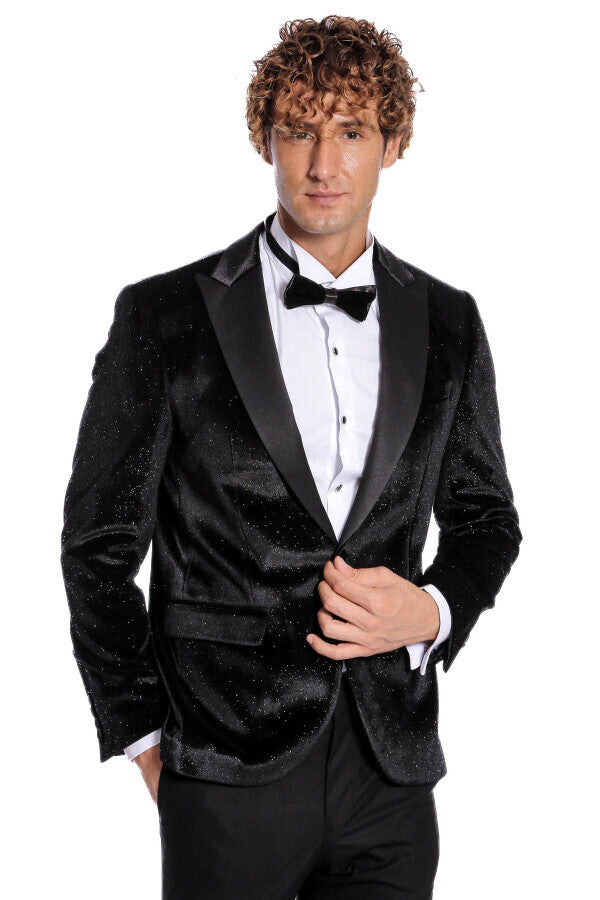 Blazer de fiesta ajustado y brillante de terciopelo negro para hombre - Wessi