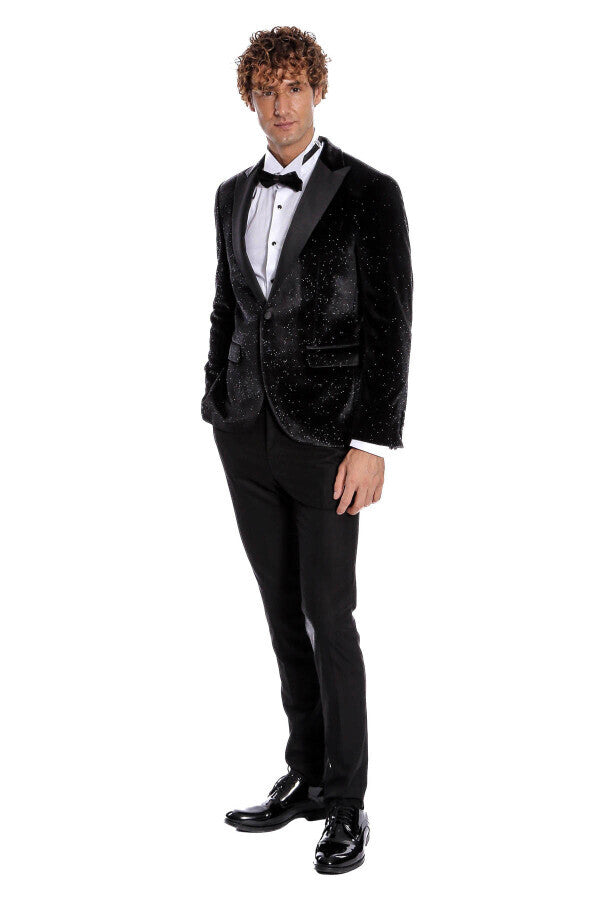 Blazer de fiesta ajustado y brillante de terciopelo negro para hombre - Wessi