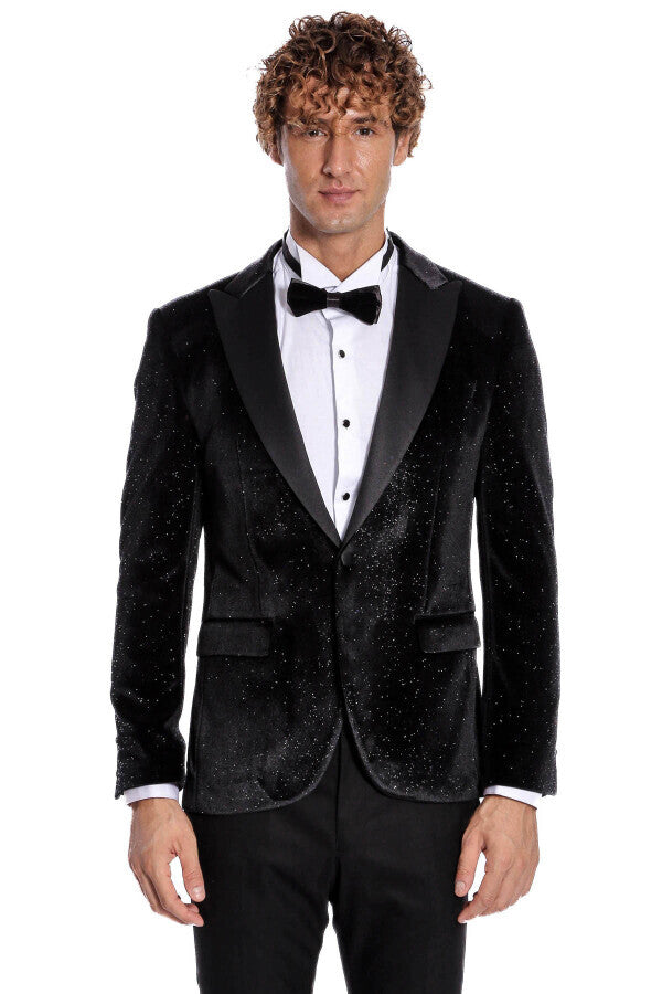 Blazer de fiesta ajustado y brillante de terciopelo negro para hombre - Wessi