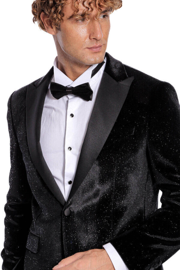 Blazer de fiesta ajustado y brillante de terciopelo negro para hombre - Wessi