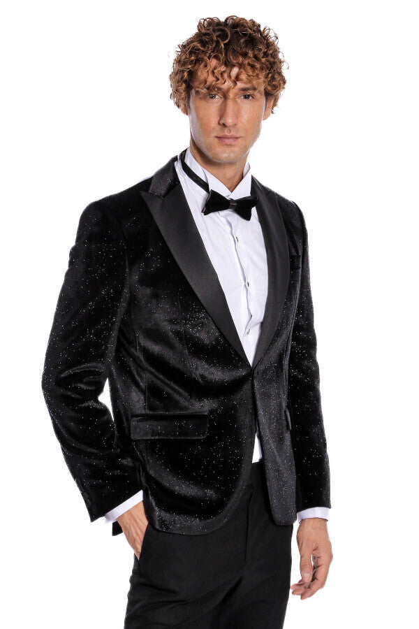 Blazer de fiesta ajustado y brillante de terciopelo negro para hombre - Wessi