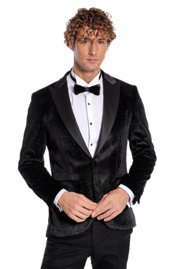 Blazer de fiesta ajustado y brillante de terciopelo negro para hombre - Wessi