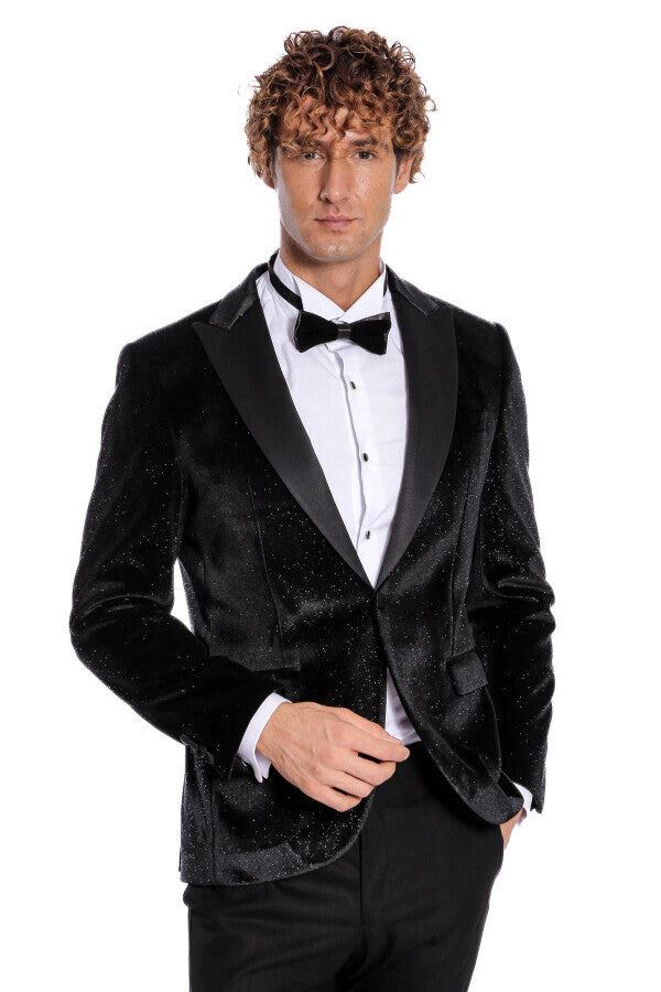 Blazer de fiesta ajustado y brillante de terciopelo negro para hombre - Wessi