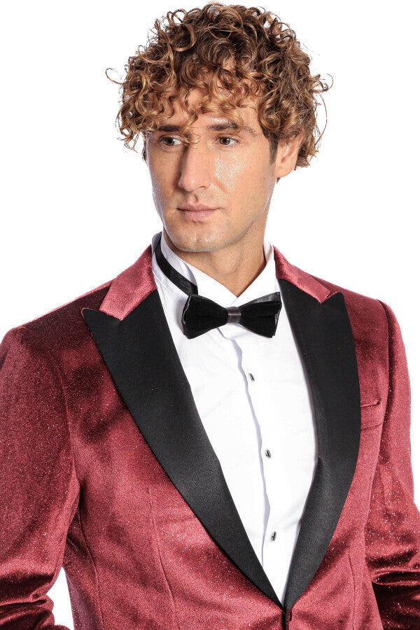 Blazer de fiesta para hombre de terciopelo burdeos ajustado y brillante - Wessi