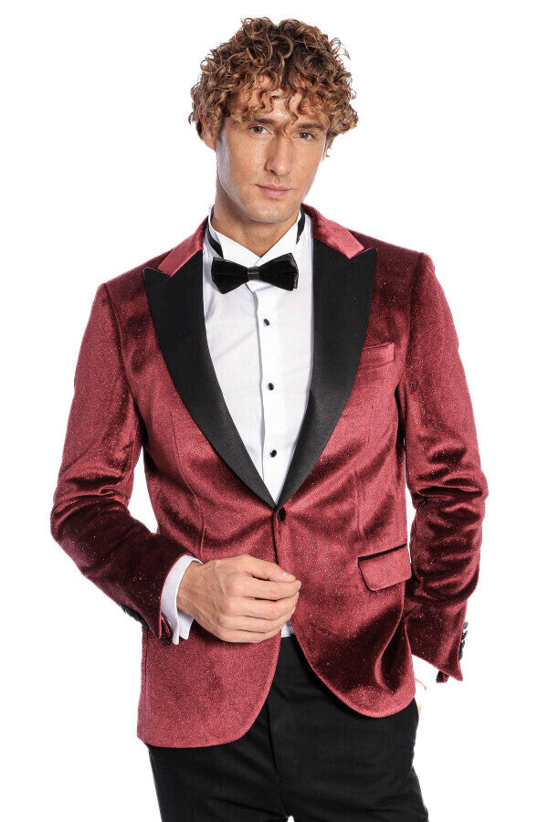 Blazer de fiesta para hombre de terciopelo burdeos ajustado y brillante - Wessi