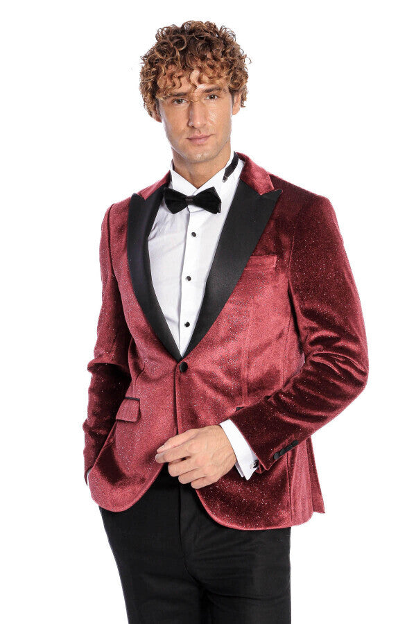 Blazer de fiesta para hombre de terciopelo burdeos ajustado y brillante - Wessi