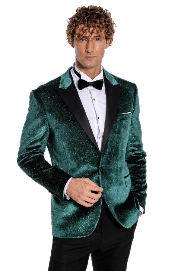 Blazer de fiesta de terciopelo verde ajustado y brillante para hombre - Wessi