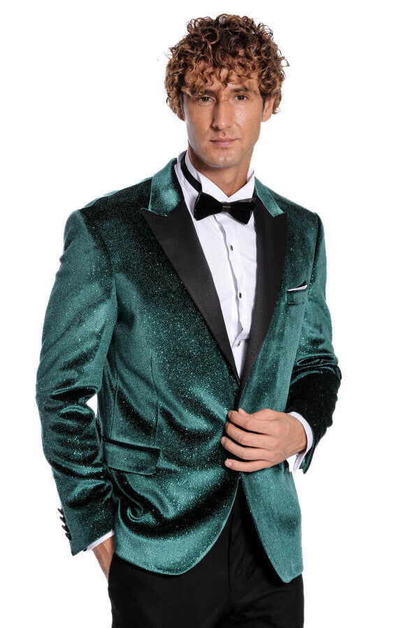 Blazer de fiesta de terciopelo verde ajustado y brillante para hombre - Wessi