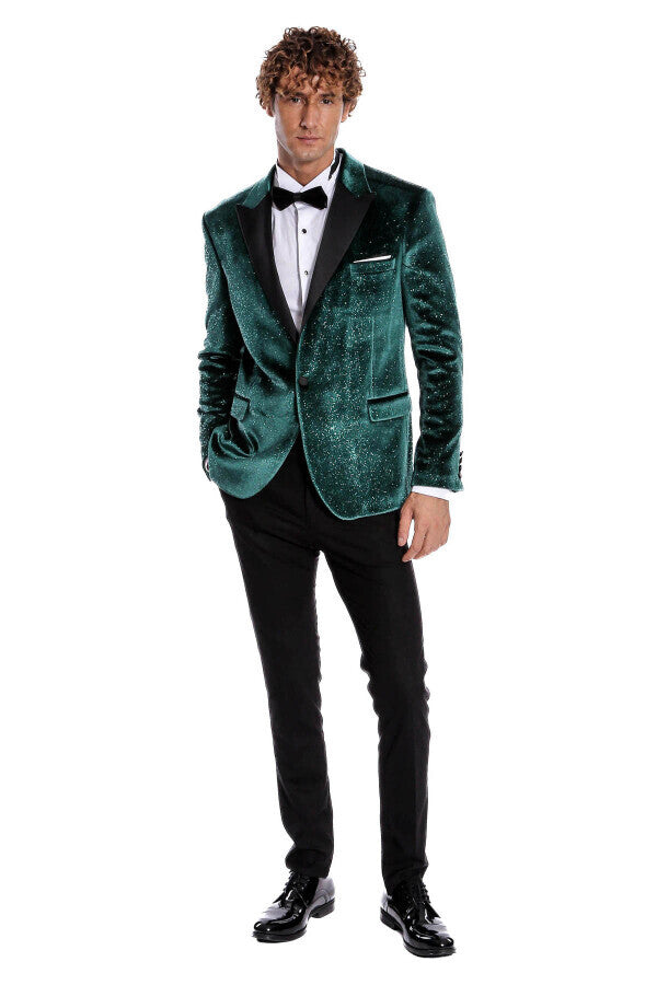 Blazer de fiesta de terciopelo verde ajustado y brillante para hombre - Wessi