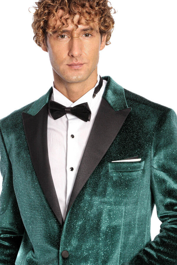 Blazer de fiesta de terciopelo verde ajustado y brillante para hombre - Wessi