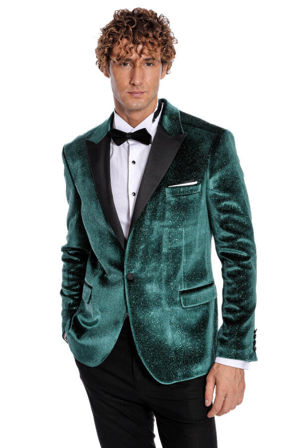 Blazer de fiesta de terciopelo verde ajustado y brillante para hombre - Wessi