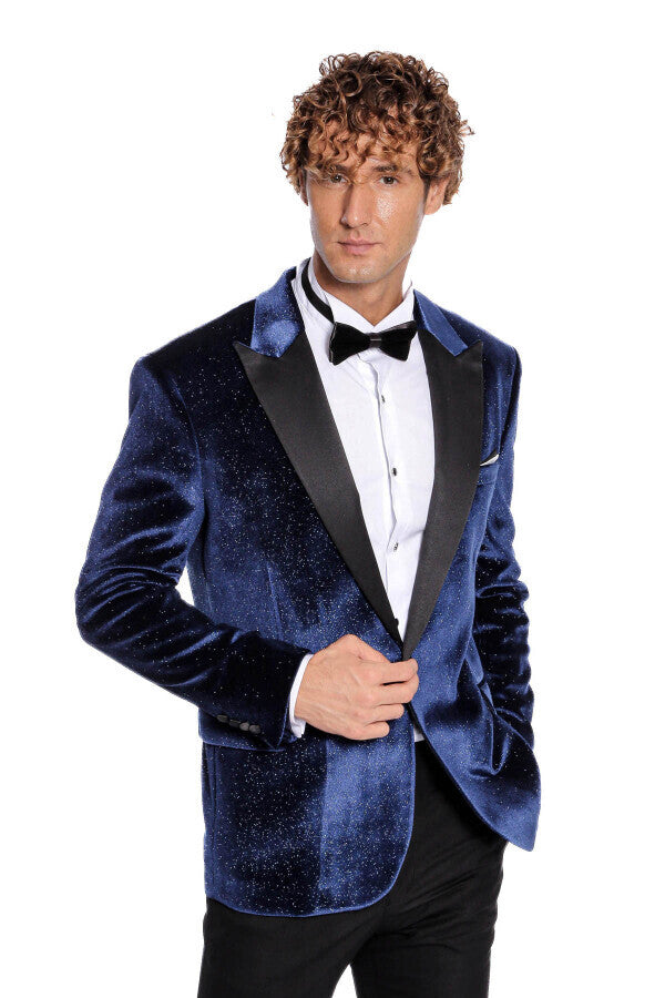 Blazer de fiesta para hombre de terciopelo azul marino ajustado y brillante - Wessi