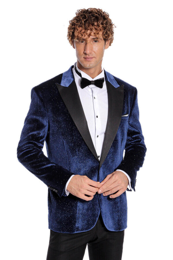 Sparkle Slim Fit Velvet Navy Blue Men Prom Blazer - Wessi