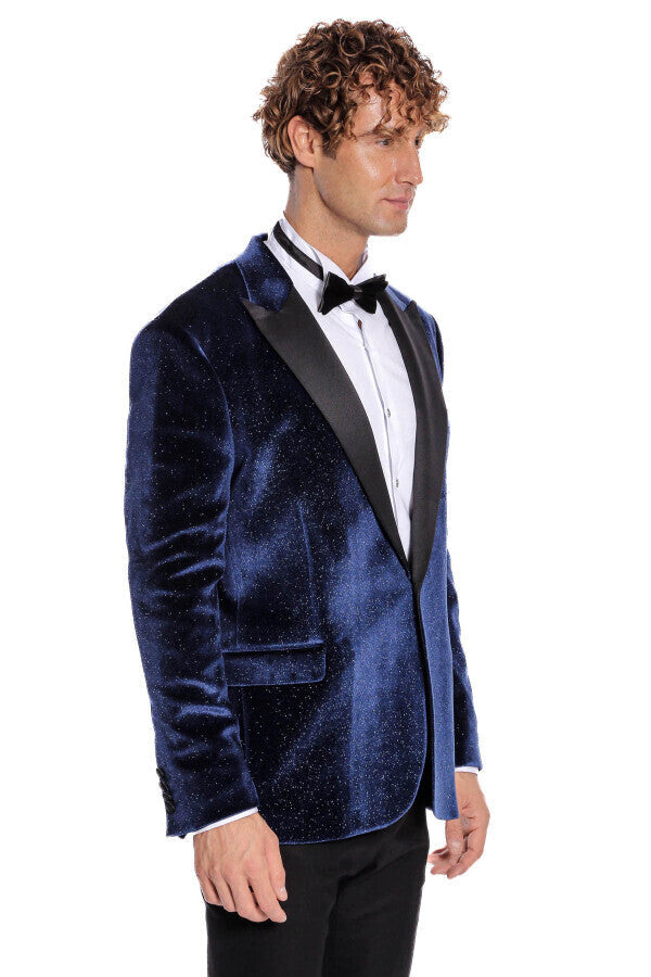 Blazer de fiesta para hombre de terciopelo azul marino ajustado y brillante - Wessi