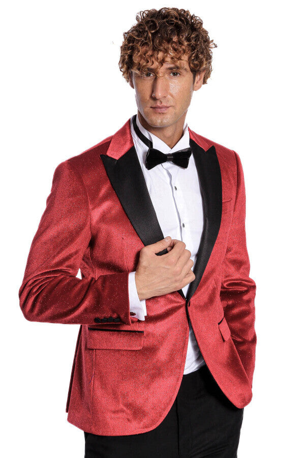 Blazer de terciopelo rojo ajustado y brillante para hombre para fiesta de graduación - Wessi