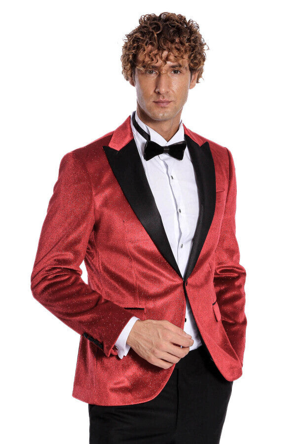 Blazer de terciopelo rojo ajustado y brillante para hombre para fiesta de graduación - Wessi