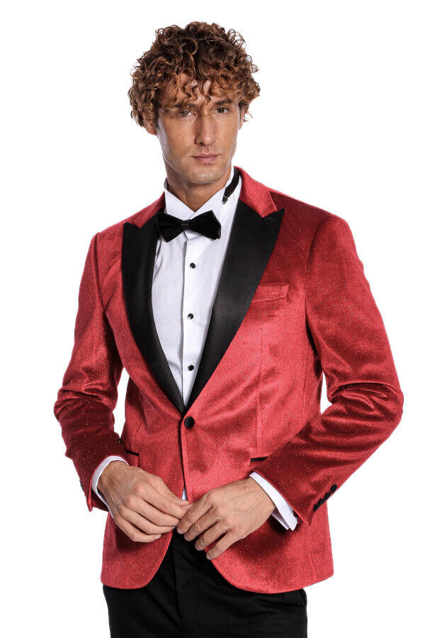 Blazer de terciopelo rojo ajustado y brillante para hombre para fiesta de graduación - Wessi