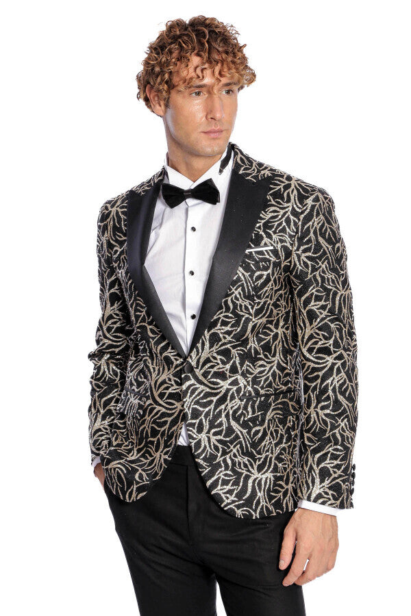 Sparkling Ivy Patterned Slim Fit Black Men Prom Blazer - Wessi