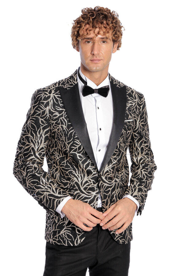 Sparkling Ivy Patterned Slim Fit Black Men Prom Blazer - Wessi