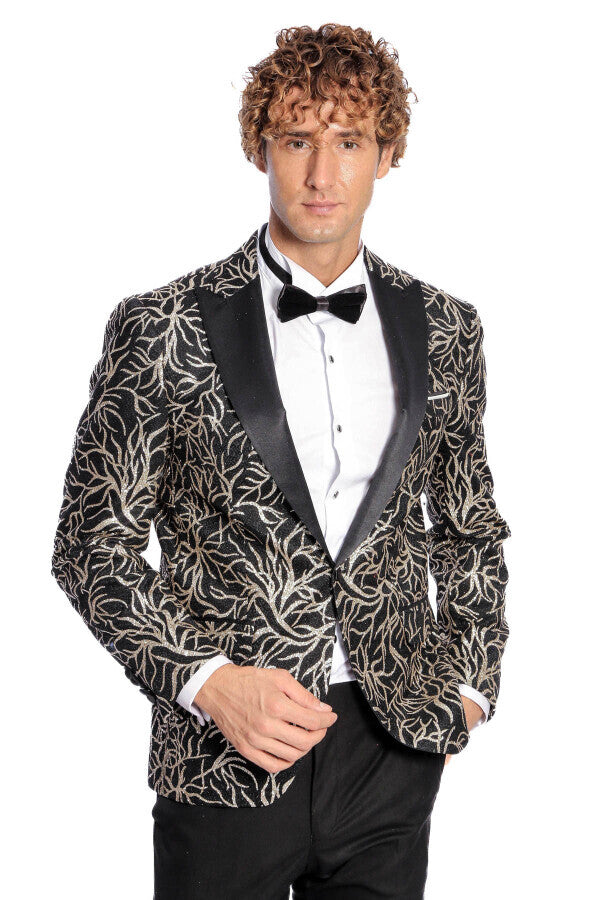 Blazer ajustado para fiesta de graduación para hombre, color negro, con estampado de hiedra brillante - Wessi