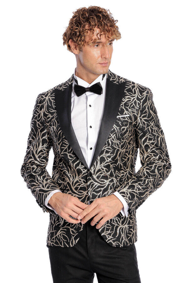 Blazer ajustado para fiesta de graduación para hombre, color negro, con estampado de hiedra brillante - Wessi