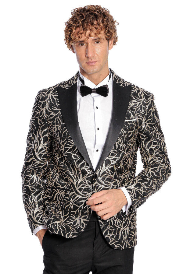 Sparkling Ivy Patterned Slim Fit Black Men Prom Blazer - Wessi