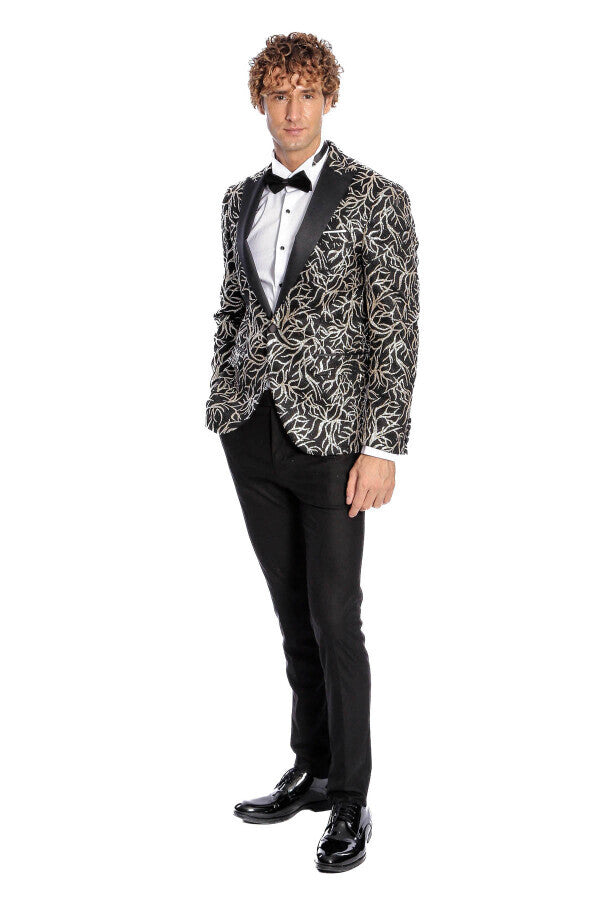 Blazer ajustado para fiesta de graduación para hombre, color negro, con estampado de hiedra brillante - Wessi