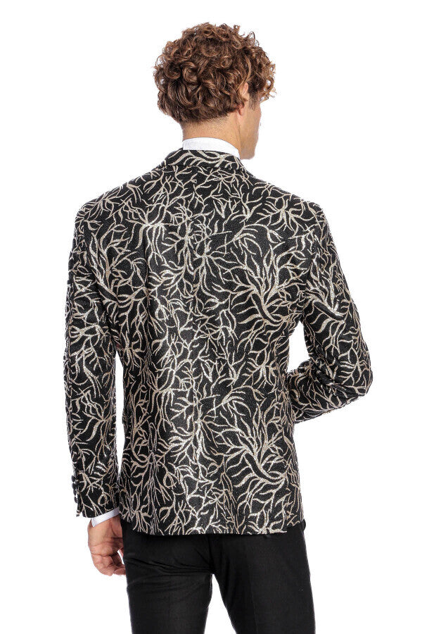 Blazer ajustado para fiesta de graduación para hombre, color negro, con estampado de hiedra brillante - Wessi