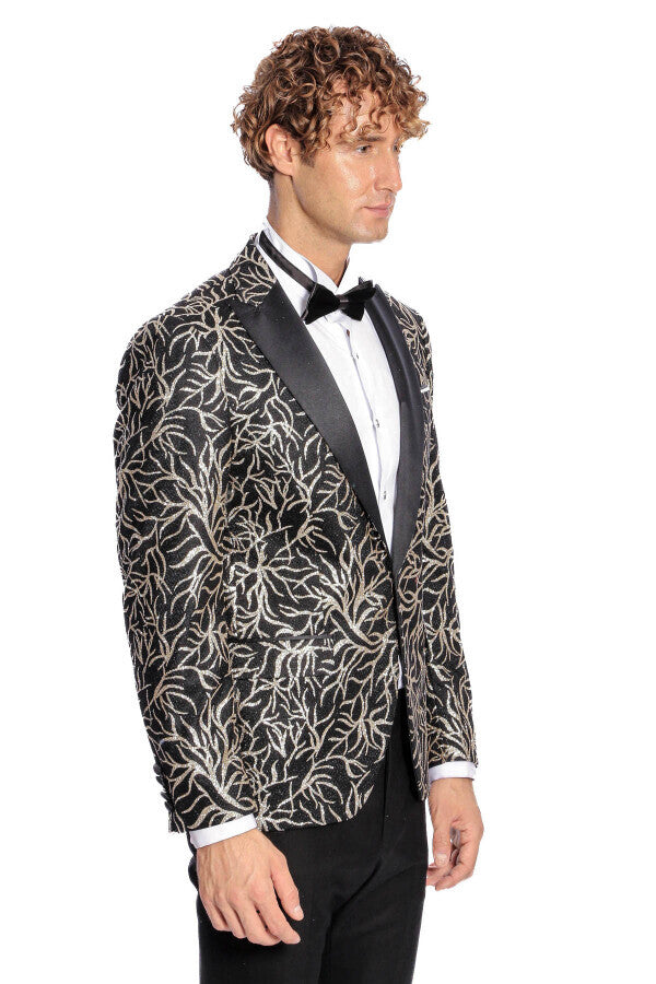 Blazer ajustado para fiesta de graduación para hombre, color negro, con estampado de hiedra brillante - Wessi