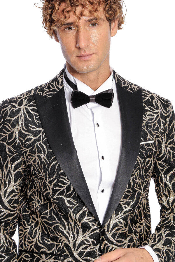 Blazer ajustado para fiesta de graduación para hombre, color negro, con estampado de hiedra brillante - Wessi