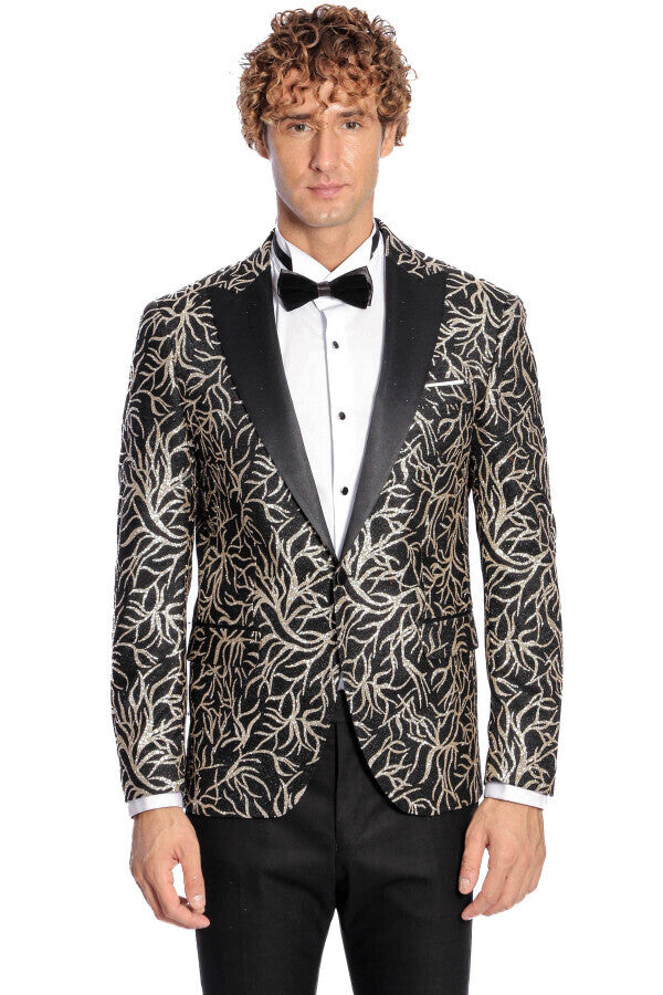 Blazer ajustado para fiesta de graduación para hombre, color negro, con estampado de hiedra brillante - Wessi