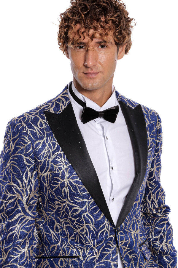 Blazer ajustado para fiesta de graduación para hombre en azul con estampado de hiedra brillante - Wessi