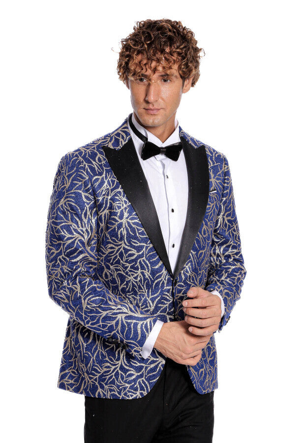 Sparkling Ivy Patterned Slim Fit Blue Men Prom Blazer - Wessi