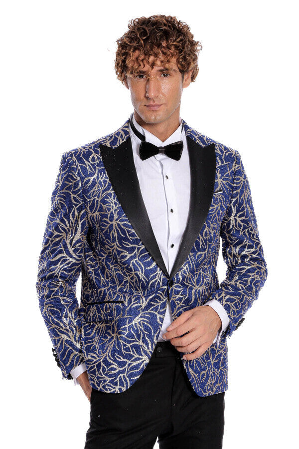 Blazer ajustado para fiesta de graduación para hombre en azul con estampado de hiedra brillante - Wessi