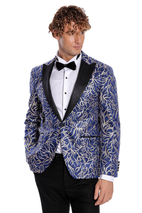 Blazer ajustado para fiesta de graduación para hombre en azul con estampado de hiedra brillante - Wessi