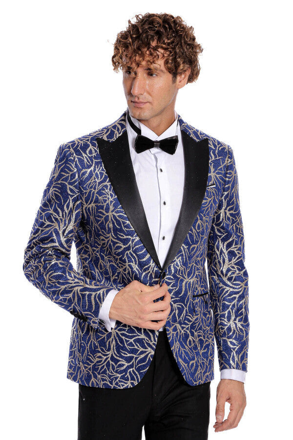 Sparkling Ivy Patterned Slim Fit Blue Men Prom Blazer - Wessi