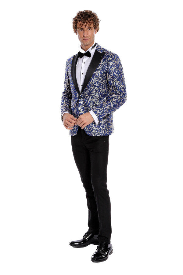 Sparkling Ivy Patterned Slim Fit Blue Men Prom Blazer - Wessi