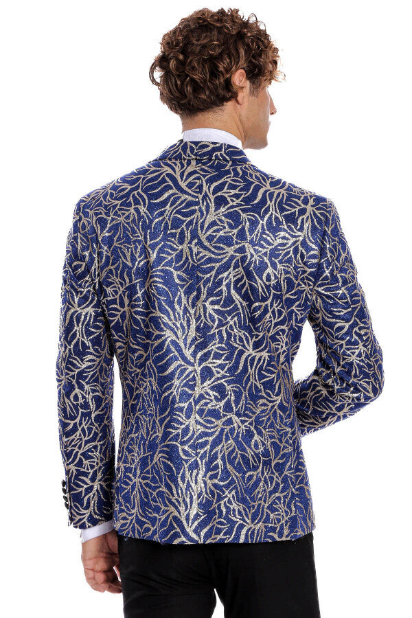 Sparkling Ivy Patterned Slim Fit Blue Men Prom Blazer - Wessi