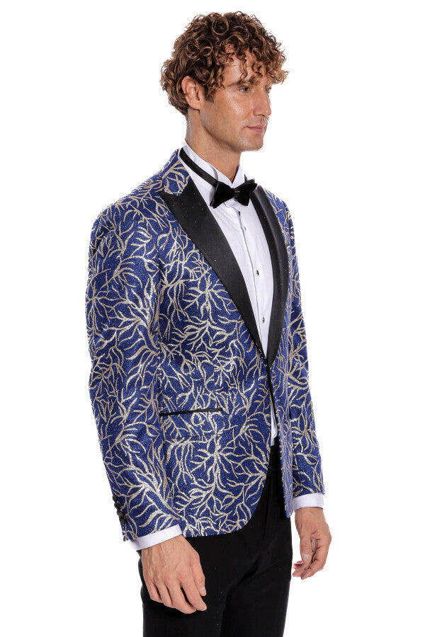 Sparkling Ivy Patterned Slim Fit Blue Men Prom Blazer - Wessi