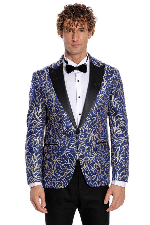 Sparkling Ivy Patterned Slim Fit Blue Men Prom Blazer - Wessi