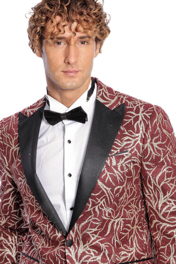 Sparkling Ivy Patterned Slim Fit Burgundy Men Prom Blazer - Wessi