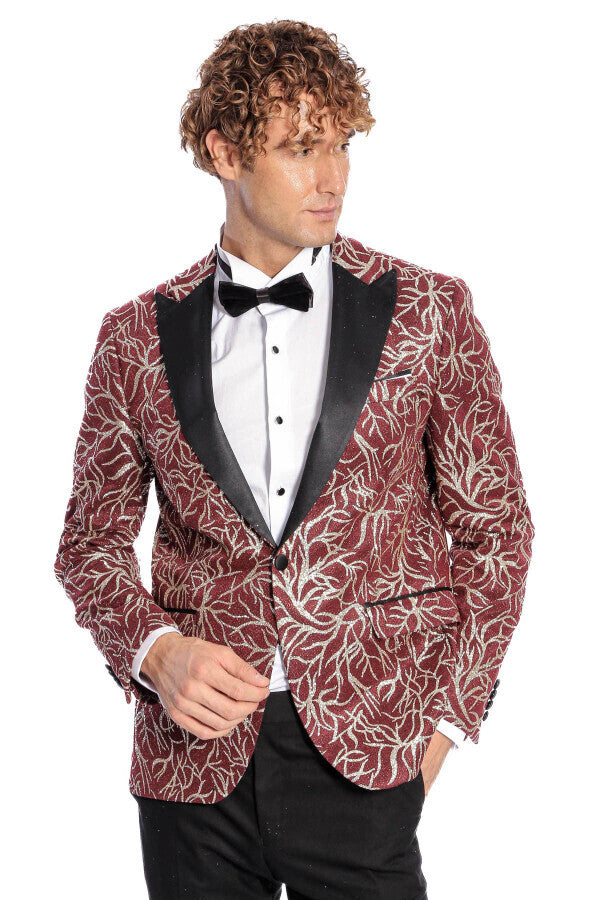 Blazer de fiesta ajustado para hombre en color burdeos con estampado de hiedra brillante - Wessi