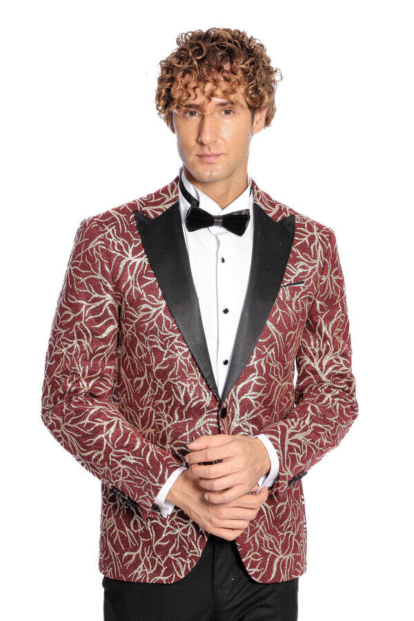 Blazer de fiesta ajustado para hombre en color burdeos con estampado de hiedra brillante - Wessi