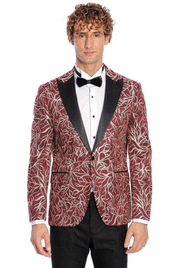 Blazer de fiesta ajustado para hombre en color burdeos con estampado de hiedra brillante - Wessi